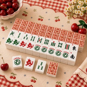 Pode incluir: Um conjunto de pe&ccedil;as de mahjong brancas com ilustra&ccedil;&otilde;es de drag&otilde;es vermelhos e verdes, etiquetas de joker e caracteres numerados. As pe&ccedil;as t&ecirc;m um padr&atilde;o xadrez vermelho e branco no verso, com algumas pe&ccedil;as viradas para cima.