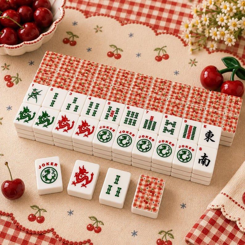 Pode incluir: Um conjunto de pe&ccedil;as de mahjong brancas com ilustra&ccedil;&otilde;es de drag&otilde;es vermelhos e verdes, etiquetas de joker e caracteres numerados. As pe&ccedil;as t&ecirc;m um padr&atilde;o xadrez vermelho e branco no verso, com algumas pe&ccedil;as viradas para cima.