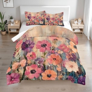 May include: A floral duvet cover with a watercolor-style design featuring pink, purple, and orange flowers on a cream background.