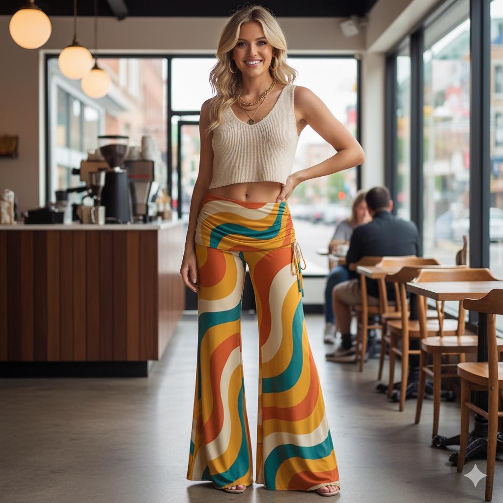 Retro 70s Wave Print Flare Pants | Fold-over Waist Wide Leg