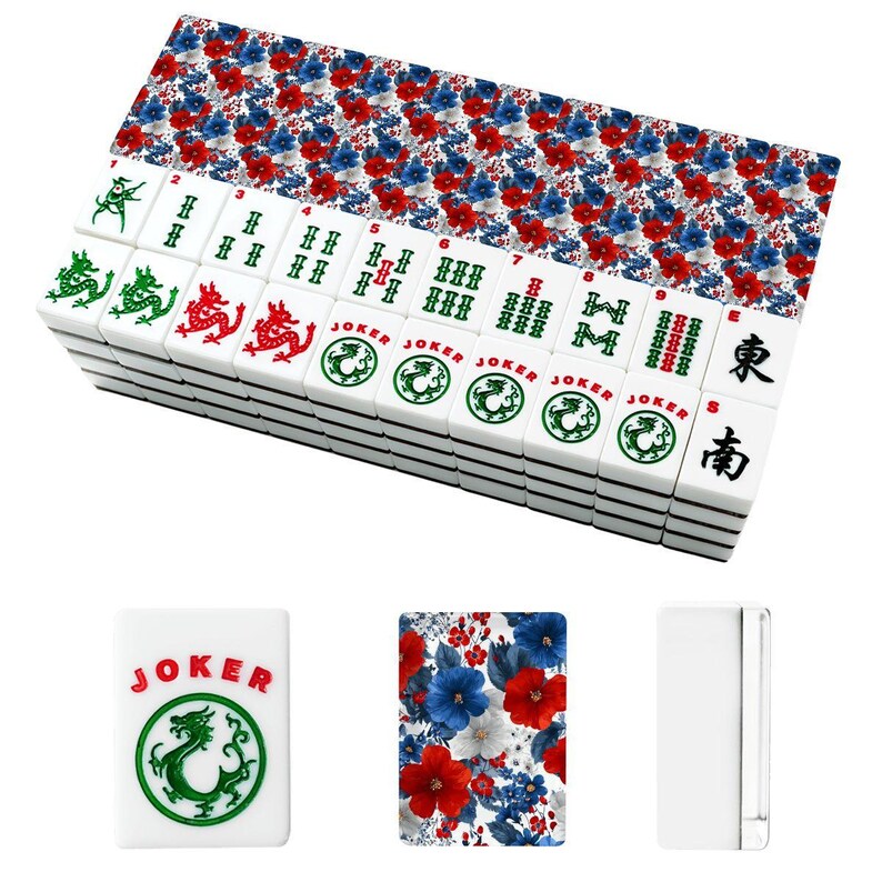 Patriotic Floral American Mahjong Tiles Set, 166 Piece Mahjong Game Set with Jokers, Red White Blue Mahjong Accessories,Grandmillennial Gift Bild 2