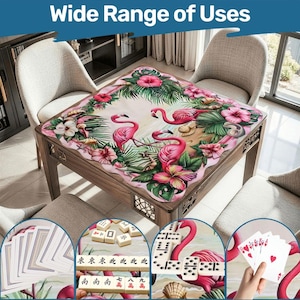 Tapete de Mahjong con borde festoneado de 80 cm (31,5 pulgadas), tapete de mesa tropical con flamencos, tapete de juego antideslizante e impermeable, tapete de Mahjong de viaje, regalo costero imagen 1