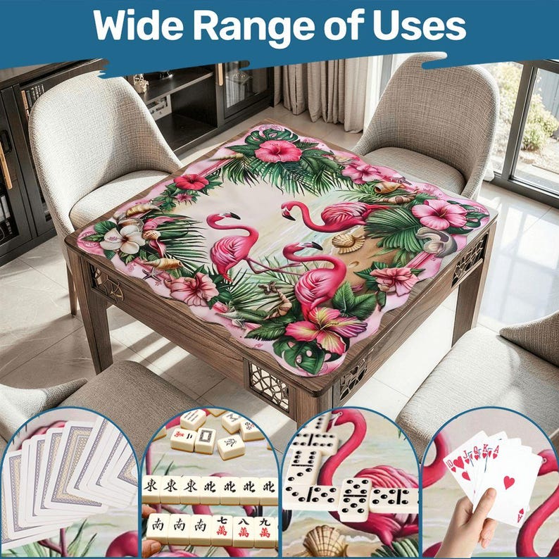 Tapete de Mahjong con borde festoneado de 80 cm (31,5 pulgadas), tapete de mesa tropical con flamencos, tapete de juego antideslizante e impermeable, tapete de Mahjong de viaje, regalo costero imagen 1