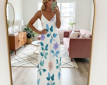 Floral Maxi Dress Women’s Summer  – Sleeveless All Over Print Long Dress, Boho Style Ankle-Length Sundress