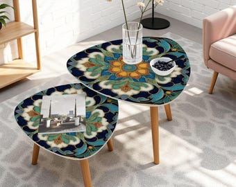 Triangle Coffee Table Set of 2, Nesting Side Tables with Mandala Pattern and Bamboo Legs, Boho Living Room Accent Tables, Made in USA