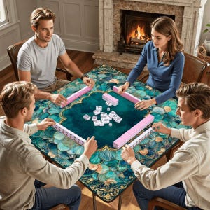 Mermaid Mahjong Mat 33x33, Coastal Mahjong Table Cover, Teal Shell Mahjong Mat, Foldable Travel Mahjong Mat with Storage Bag, Game Decor image 3