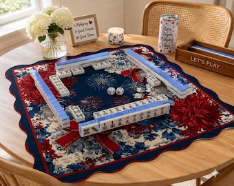 Patriotic Mahjong Mat, Scalloped American Mahjong Mat, 4th of July Mahjong Accessories, Red White Blue Floral Mahjong Table Mat, 26 33 Inch