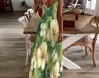 Tropical Hibiscus Maxi Yellow & White Floral Summer Style Elegant ...