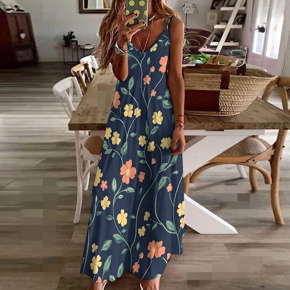 ankle length summer dresses Boho Floral Maxi Sundress, Sleeveless V Neck Slip Dress, All Over Print Dress, Flowy Dress length cut thats perfect BS-1-10-7D-ES L224052 A line Metallic Color:dark purple