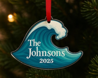 Personalized Wave Ornament  – Custom Family Name Ocean Wave Acrylic Christmas Decoration with Red Ribbon – Beach House Coastal Holiday