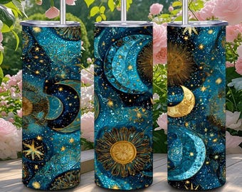 Celestial Sun and Moon Tumbler, 20oz Stainless Steel Cosmic Travel Cup with Straw, Astrology Starry Night Tumbler, Hot Cold Insulated Drinkw