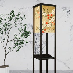 Japanese Floral Shelf Floor Lamp with Linen Shade, LED Bulb, USB & Outlet, 3 Tier Wood Storage Lamp for Living Room Bedroom Decor image 1