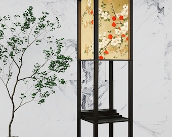 Japanese Floral Shelf Floor Lamp with Linen Shade, LED Bulb, USB & Outlet, 3 Tier Wood Storage Lamp for Living Room Bedroom Decor
