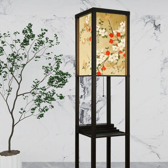 Japanese Floral Shelf Floor Lamp with Linen Shade, LED Bulb, USB & Outlet, 3 Tier Wood Storage Lamp for Living Room Bedroom Decor