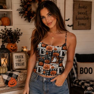 May include: A sleeveless camisole top featuring a repeating pattern of orange pumpkins, black cats, and white ghosts set against a black and white buffalo plaid background, paired with blue denim jeans with a visible silver button at the waist.