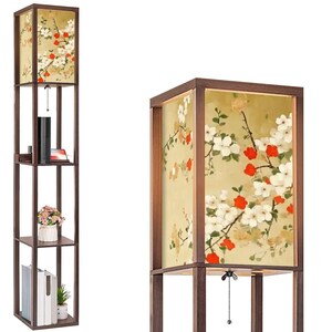 Japanese Floral Shelf Floor Lamp with Linen Shade, LED Bulb, USB & Outlet, 3 Tier Wood Storage Lamp for Living Room Bedroom Decor image 3