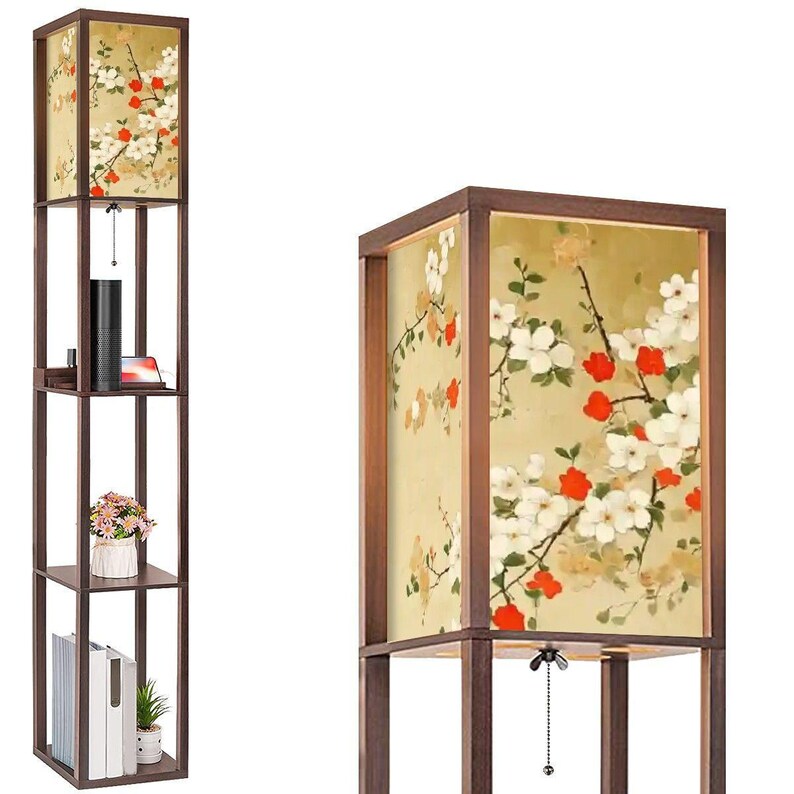 Japanese Floral Shelf Floor Lamp with Linen Shade, LED Bulb, USB & Outlet, 3 Tier Wood Storage Lamp for Living Room Bedroom Decor image 3