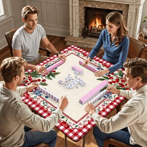 Christmas Mahjong Mat, Holiday Mahjong Table Mat, Red Gingham Cherry Border Mahjong Mat, Personalized Mahjong Gift, Foldable Travel Game Mat image 2
