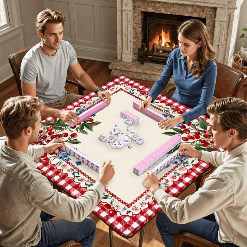 Christmas Mahjong Mat, Holiday Mahjong Table Mat, Red Gingham Cherry Border Mahjong Mat, Personalized Mahjong Gift, Foldable Travel Game Mat image 2