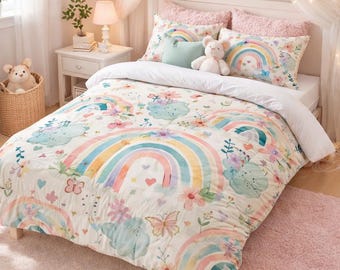 Rainbow Floral Twin Comforter Set for Girls | Pastel Kids Bedding | Watercolor Cottagecore Bedroom Decor | Soft Microfiber Quilt Set
