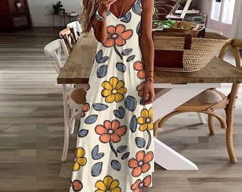 Floral Maxi Dress, Boho Summer Dress, Spaghetti Strap long dress, vintage flower Ankle-length Slip Dress, Beach Vacation, Casual Flowy dress