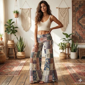 May include: A woman wearing a cream-colored knit crop top and patchwork palazzo pants. The pants feature a mix of floral and geometric patterns in shades of brown, blue, and green. The pants have a drawstring detail on the side.