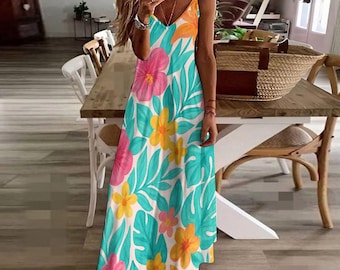 Tropical Floral Maxi Dress: Sleeveless Boho Sundress, Resort Wear