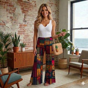 Boho Patchwork Wide Leg Pants for Women | High Waist Flowy Fold Over Yoga Pants | Retro Hippie Festi