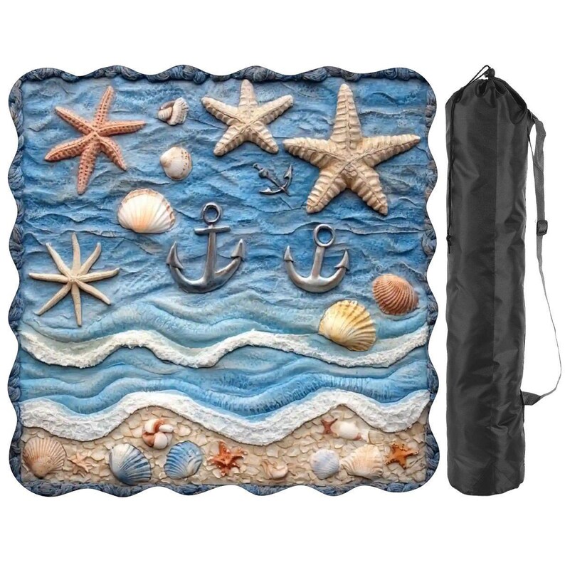 Coastal Scalloped Mahjong Mat 31.5x31.5, Beach Mahjong Table Mat, Ocean Shell, Nautical Game Mat, Foldable Travel Mahj Mat (Ships Folded) image 2