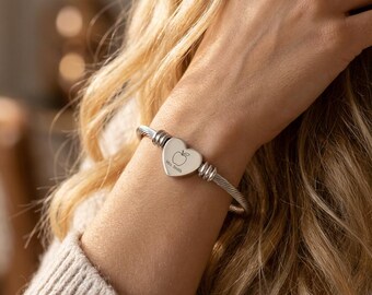Personalized Teacher Bracelet, Engraved Heart Cuff With Name, Teacher Appreciation Gift, End of Year Gift for Teacher, Apple Jewelry