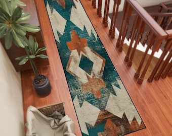 Teal Aztec Runner Rug: Southwestern Boho Hallway Carpet (120x24)