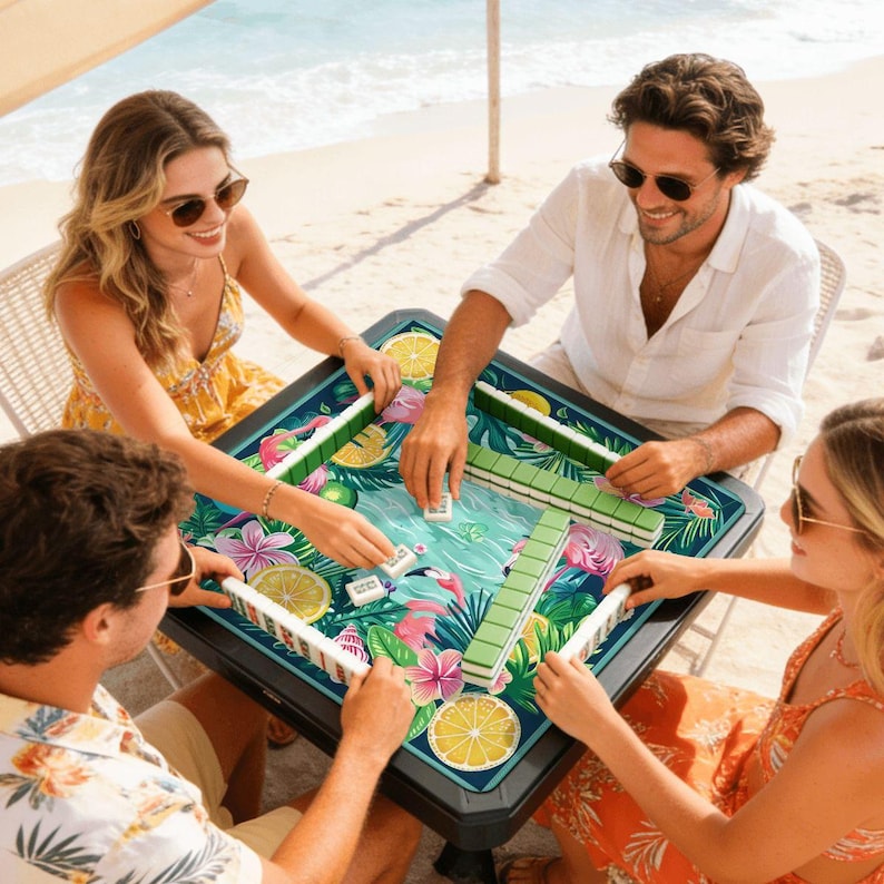 Flamingo Mahjong Mini Mat 20.9” Tropical Game Table Mat Portable Travel Mat Summer Beach Coastal Game Night Gift Non Slip Ships Rolled Up image 7