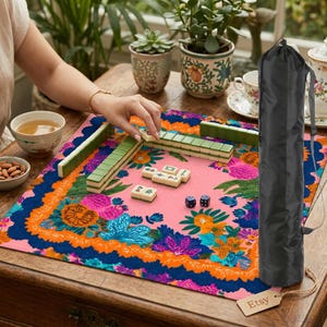 Mini Mahjong Mat 20.9" x 20.9" - Portable Travel Mahjong Table Cover - Floral Scalloped Game Mat with Storage Bag - Ships Rolled