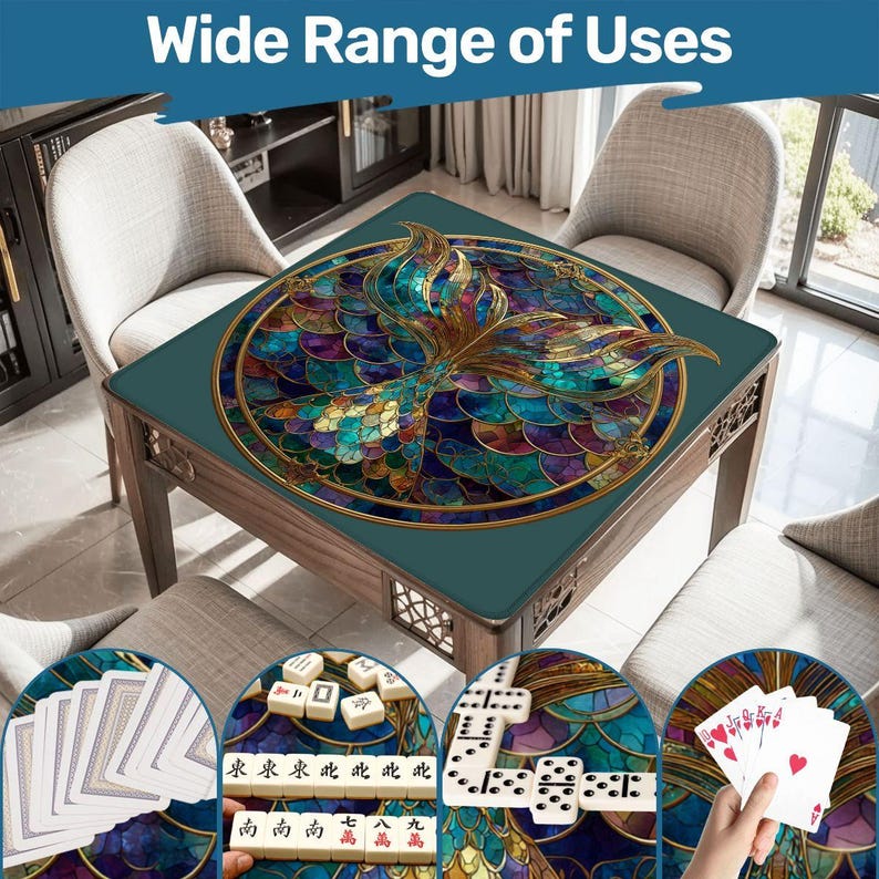 Mermaid Tail Mahjong Mat, Stained Glass Mermaid Mahjong Table Cover, Coastal Game Mat, Ocean Inspired Mahjong Mat, Mermaid Lover Gift image 1