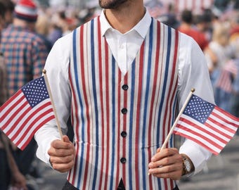 Men’s Patriotic Striped Suit Vest – Red White Blue Vintage Style Waistcoat, 4th of July Outfit, Americana Wedding Vest, Summer Formal Wear
