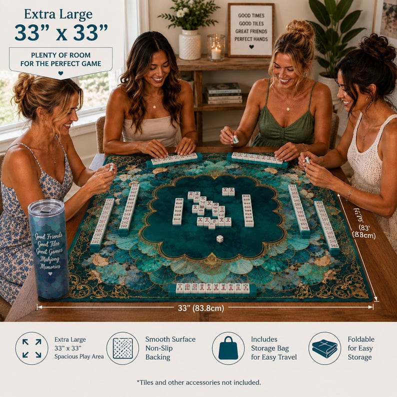 May include: A large mahjong game mat, measuring 83.8cm x 83.8cm, with a teal and gold floral pattern. Four people are playing mahjong on a wooden table. The mat has a smooth, non-slip backing and comes with a storage bag for easy travel.