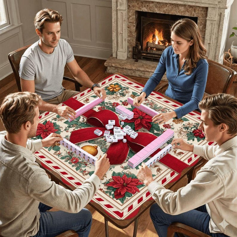 Christmas Mahjong Mat, Scalloped Mahjong Mat, Holiday Mahjong Gift, Poinsettia Mahjong Table Cover, Mahjong Accessories, 26x26 or 33x33 Bild 6