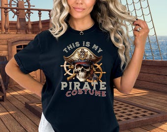 May include: Black t-shirt with a skull wearing a pirate hat and the text "This is my pirate costume".