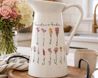 Personalized Birth Flower Vase for Grandma, Custom Ceramic Flower Pitcher, Mom Gift, Grandma's Garden, Family Birth Month Vase