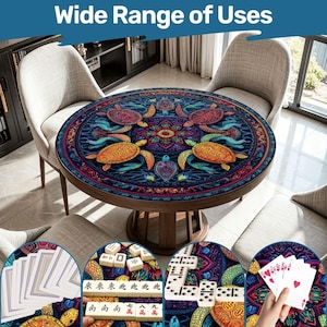 Sea Turtle Mahjong Mat 42Inch Round Game Mat, Coastal Mahjong Table Cover, Ocean Turtle Game Night Decor,Non Slip Rubber Backed Mat with Bag image 1