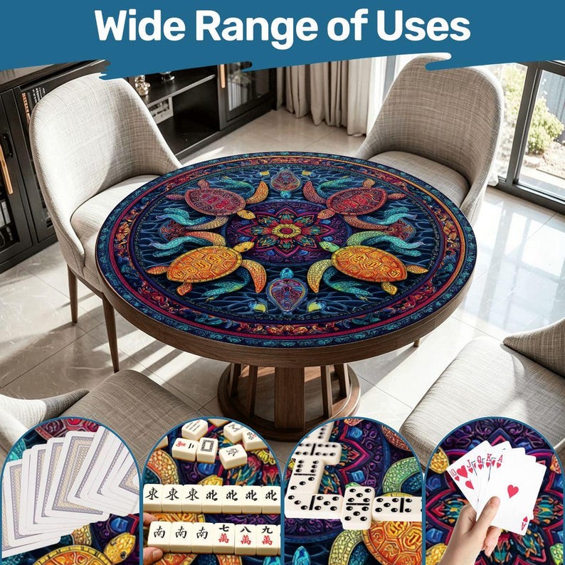Sea Turtle Mahjong Mat 42Inch Round Game Mat, Coastal Mahjong Table Cover, Ocean Turtle Game Night Decor,Non Slip Rubber Backed Mat with Bag image 1