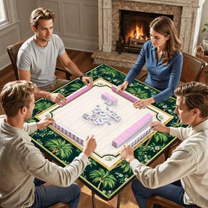 May include: A group of four people playing Mahjong. The game is set on a square table with a green and white floral design. Pink tile racks and tiles are visible. The players are seated around the table.