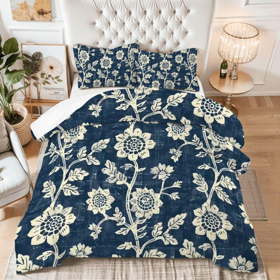 Navy Blue Floral King Comforter Set | Vintage Botanical Bedding ...