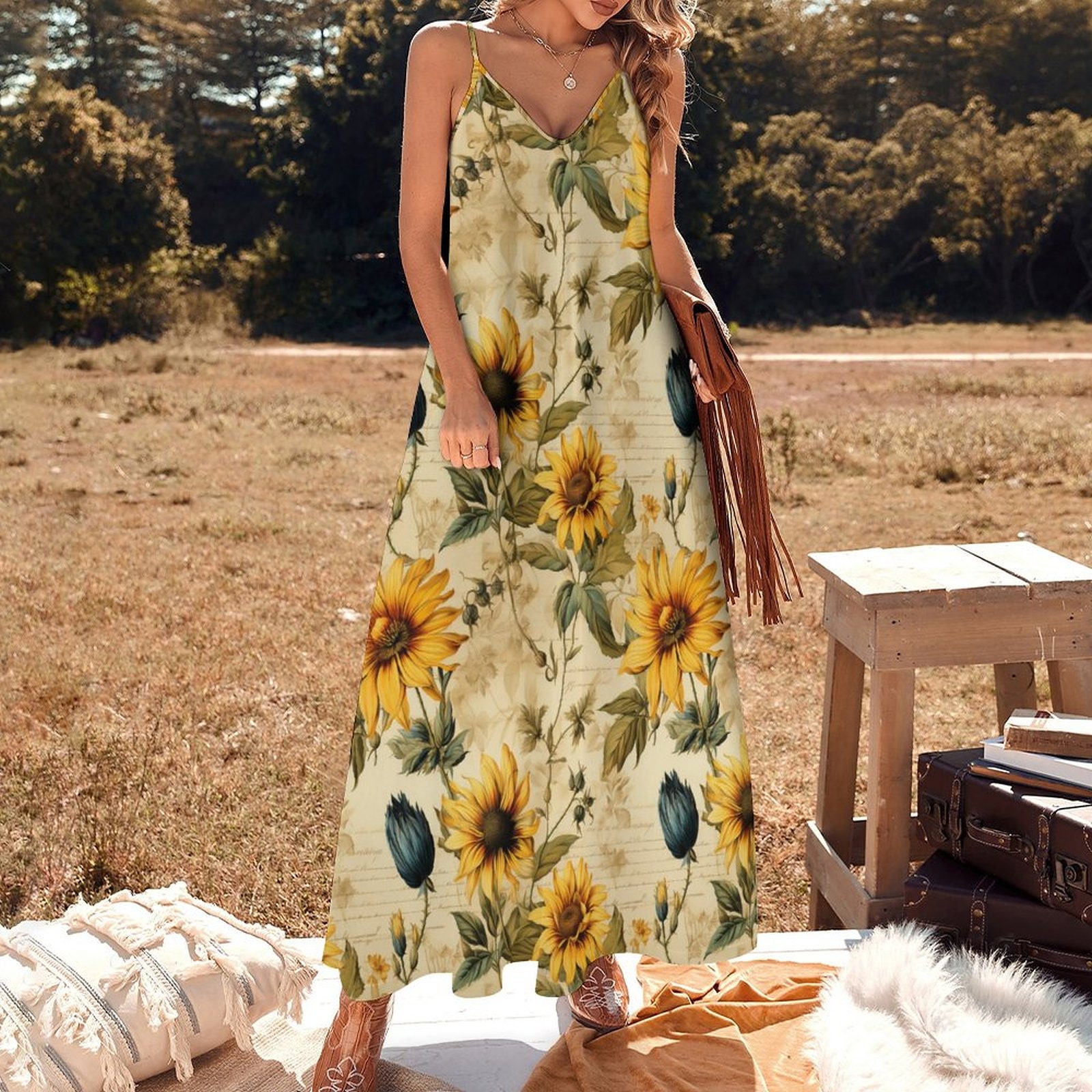 Sunflower Pattern Dress, Ankle-length Slip Dress (all-over