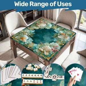 May include: A square wooden game table featuring a dark teal surface with a decorative border of white seashells, coral, and gold filigree. The table is surrounded by four chairs and displays various game pieces including playing cards and mahjong tiles.