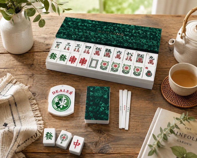 K&ouml;nnte beinhalten: Ein komplettes Mahjong-Set mit einer gr&uuml;n strukturierten Box und wei&szlig;en Spielsteinen mit roten und gr&uuml;nen Markierungen. Das Set enth&auml;lt einen "DEALER"-Marker, W&uuml;rfel und ein kleines gr&uuml;nes Buch. Eine Teekanne, eine Teetasse und ein Buch mit dem Titel "The Kinfolk Garden" sind ebenfalls vorhanden.
