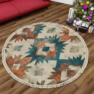 Aztec Southwest Design Round Rug, Multiple Sizes Round Area Rug with Tassels, Home Decor