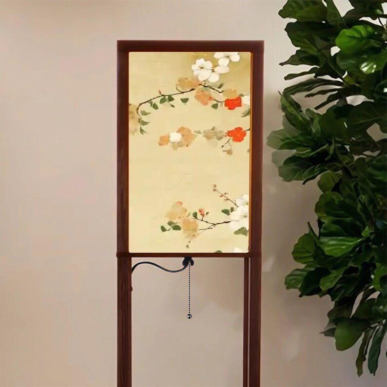 Japanese Floral Shelf Floor Lamp with Linen Shade, LED Bulb, USB & Outlet, 3 Tier Wood Storage Lamp for Living Room Bedroom Decor image 8