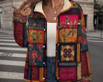 Boho Patchwork Sherpa Shacket for Women, Vintage Floral Fleece Jacket, Cozy Button Up Shirt Jacket, Fall Winter Layering Coat