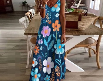 Sleeveless Floral Maxi-Dress Ankle-length Slip Dress, Summer Stylish Dress Perdect for Beach Vacations Sleeveless Floral Maxi-Dress Ankle-length Slip Dress, Summer Stylish Dress Perdect for Beach Vacations